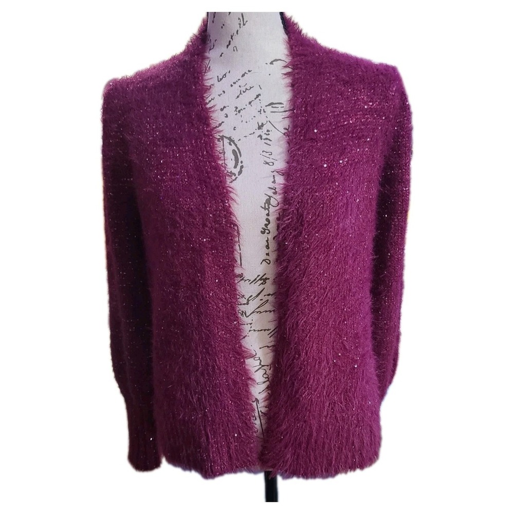 LBO Lloyd Boston Burgundy Fuzzy Sequin‎ Open Cardigan Sweater XS Sparkle